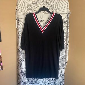 Sweater Dress with Striped Deep-V Neckline